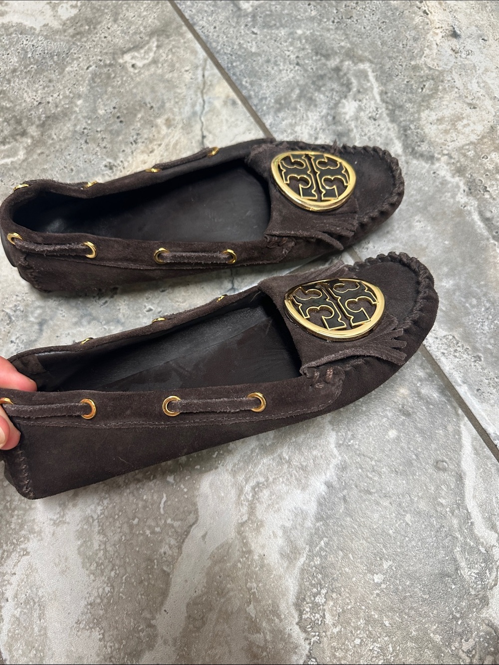 Tory Burch Dark Brown Suede Logo Moccasin Flats